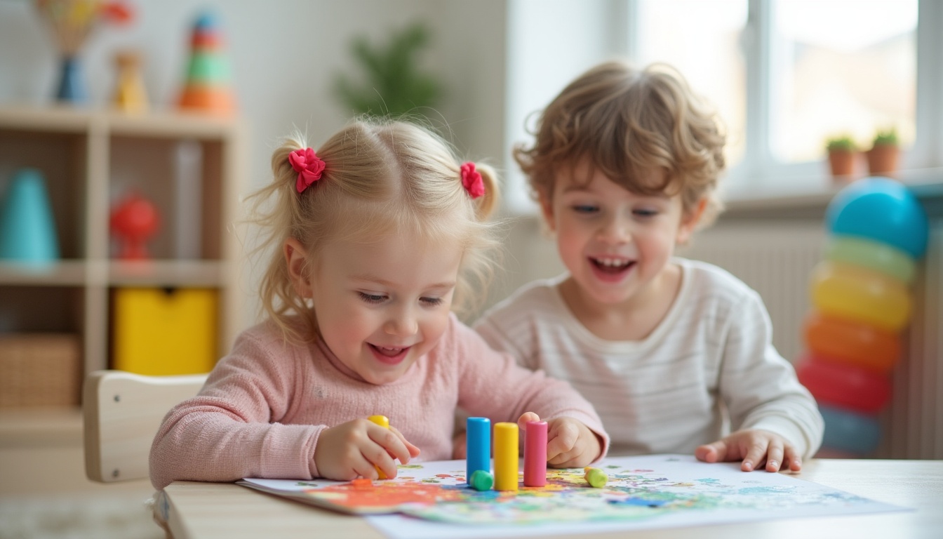 Copii fericiți jucându-se într-o creșă privată Ploiești, sub supravegherea educatorilor.