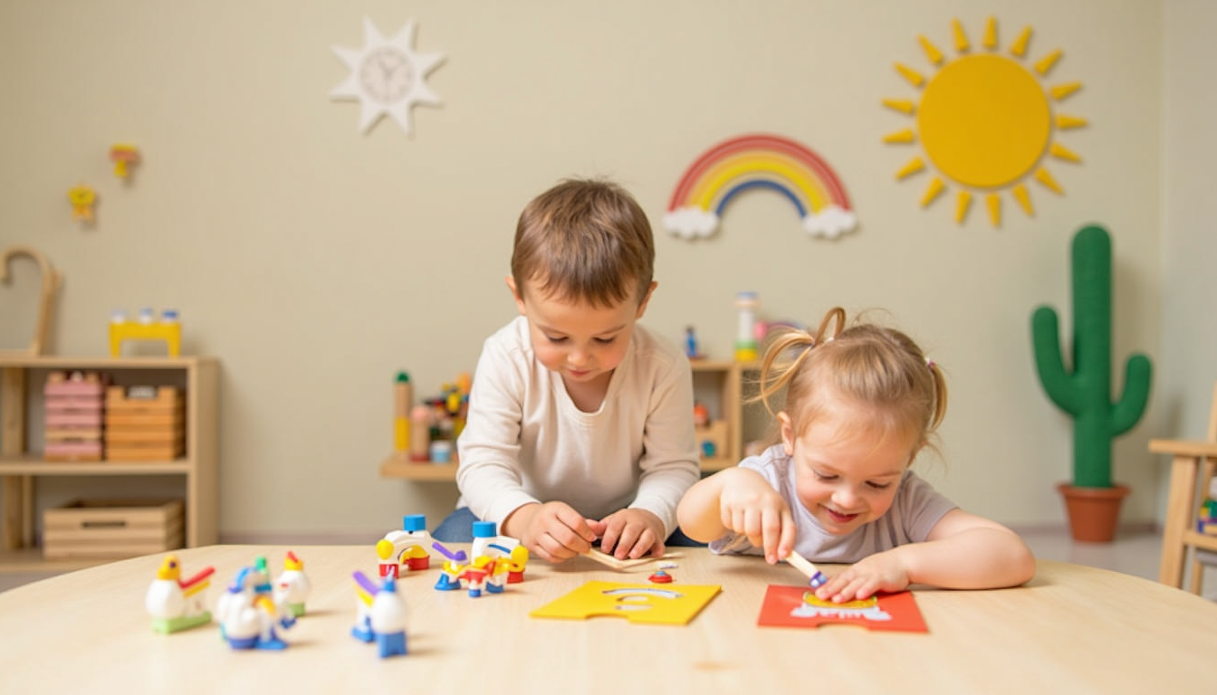 Copii fericiți într-o clasă Montessori din Cluj, explorând materiale educaționale