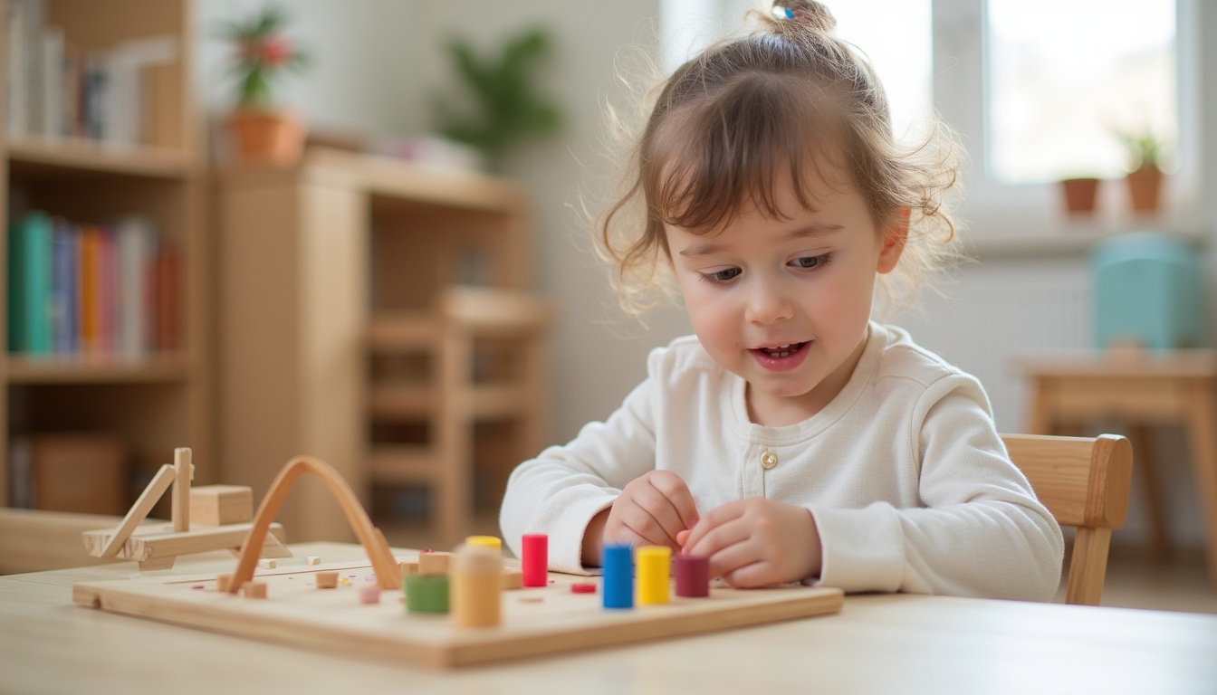 Copii fericiți într-o gradinita Montessori, explorând materiale educative colorate și dezvoltând abilități practice.