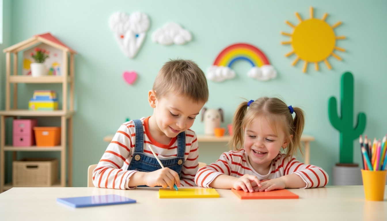 Un grup de copii fericiți jucându-se într-o grădiniță privată modernă din Ploiești