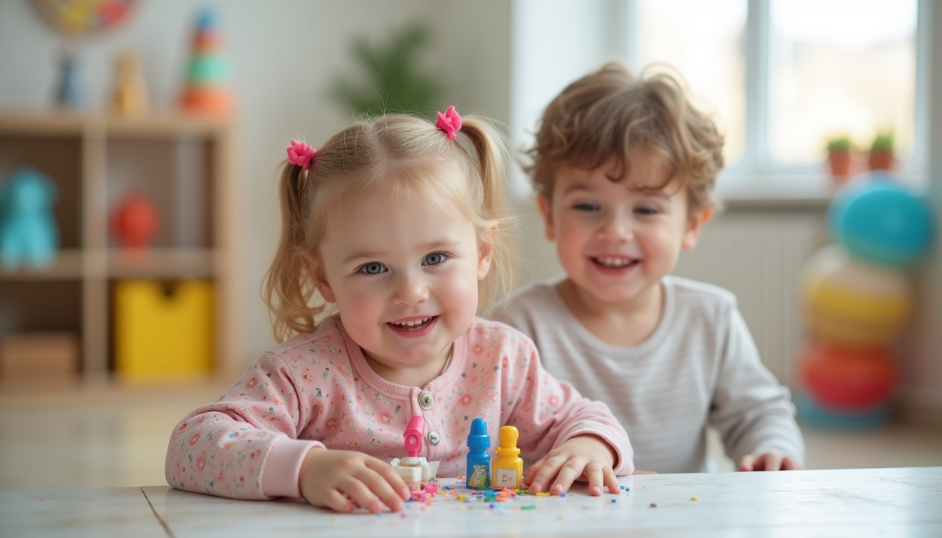 Un grup de copii fericiți jucându-se într-o grădiniță privată modernă, ilustrând un mediu de învățare sigur și stimulant.