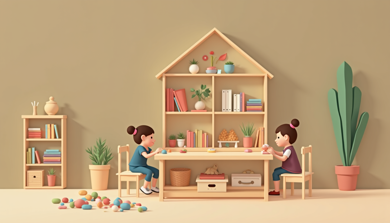 Copil fericit explorând materiale didactice Montessori într-o sală de clasă luminoasă