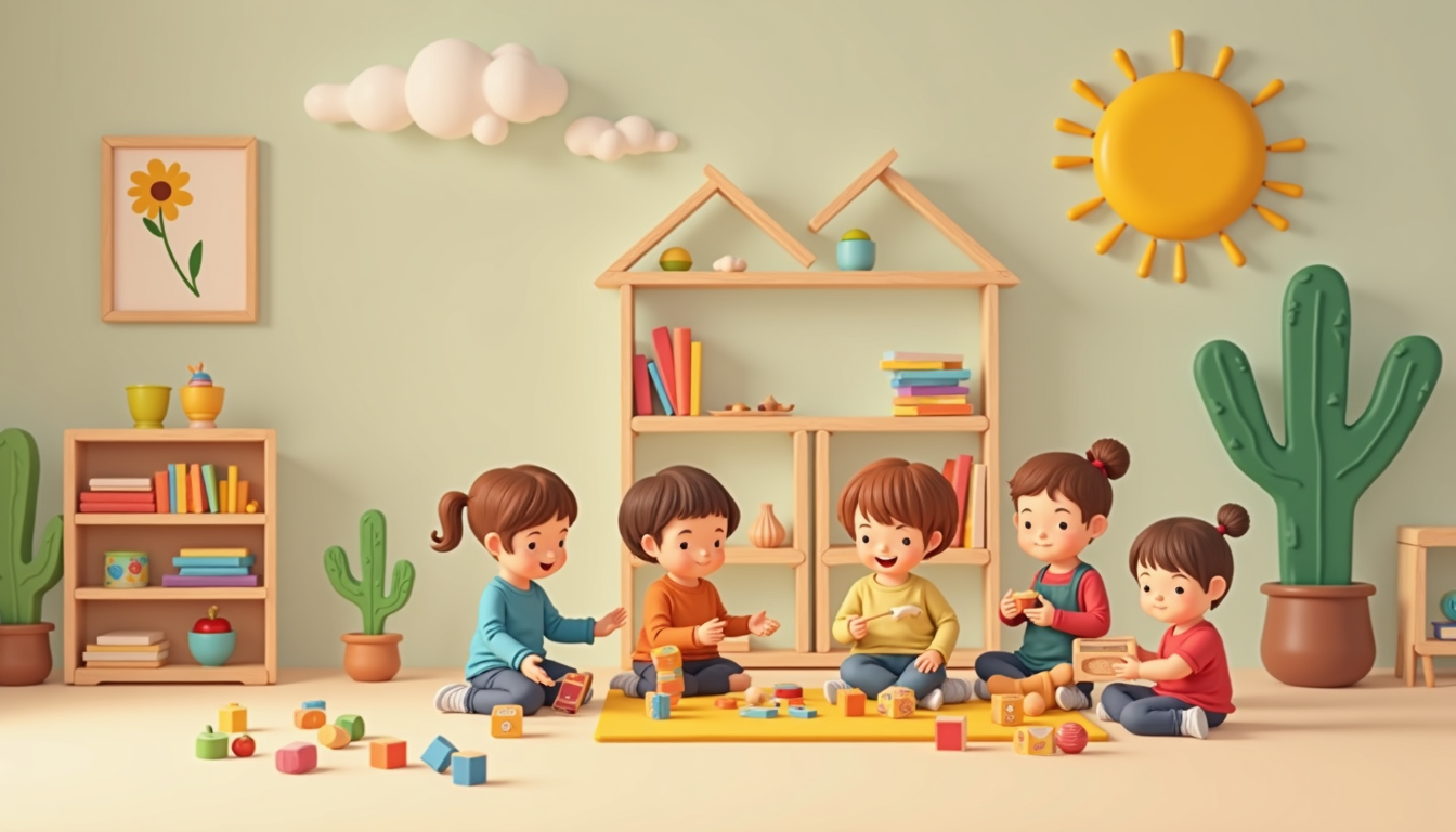 Copii fericiți explorând materiale într-o clasă luminoasă de scoala Montessori