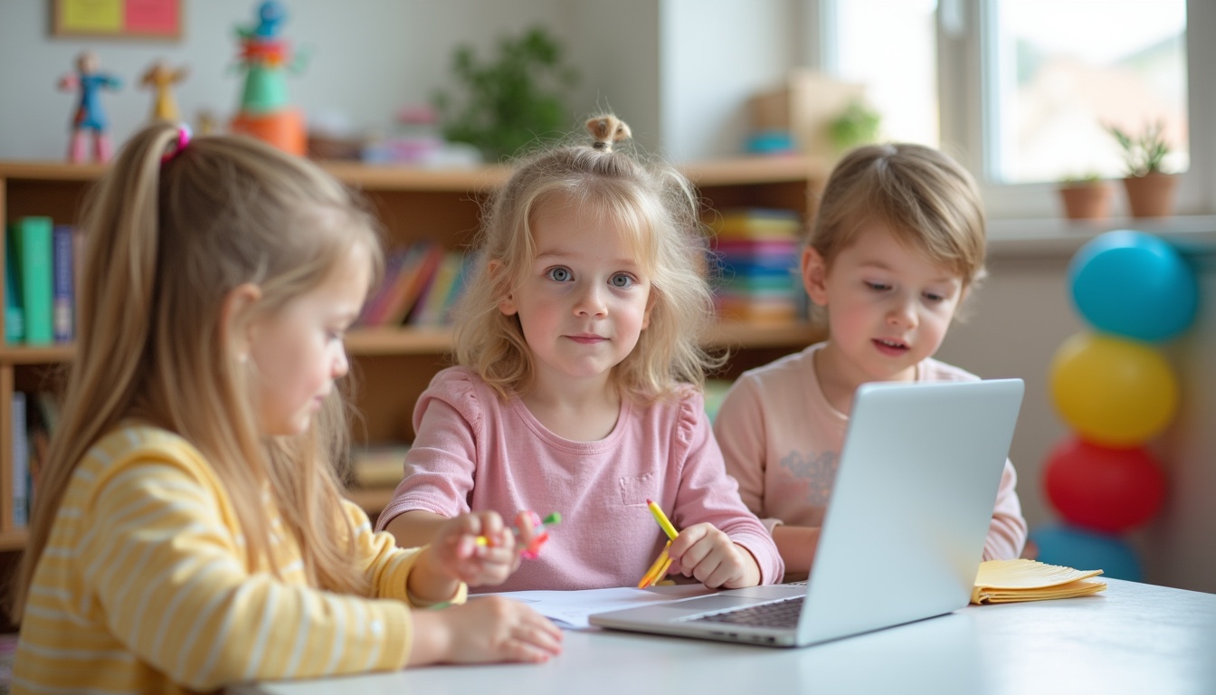 Copii fericiți jucându-se și învățând într-o gradinita privata Ploiesti modernă.