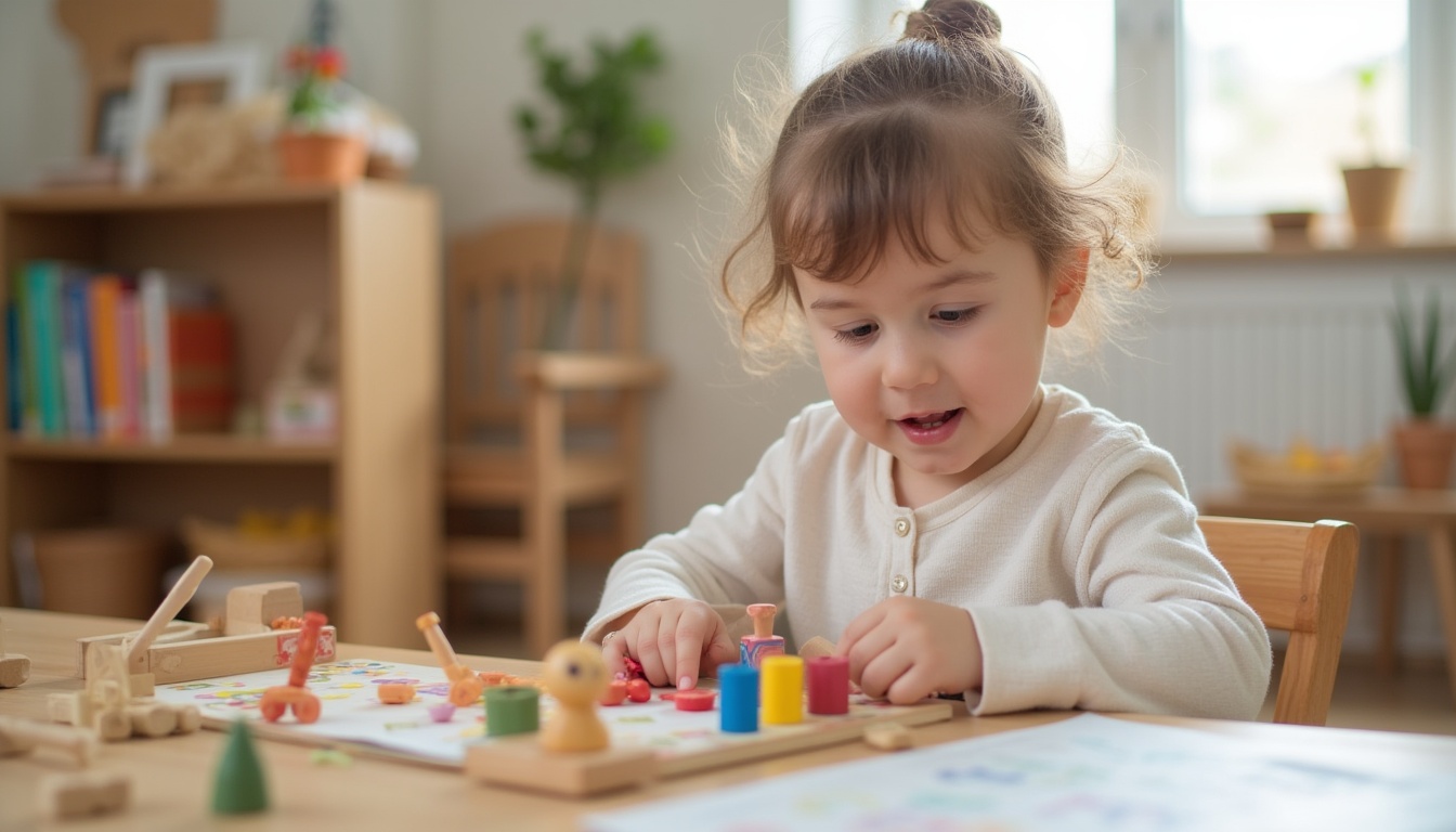 Copii fericiți jucându-se într-o scoala Montessori, explorând materiale didactice