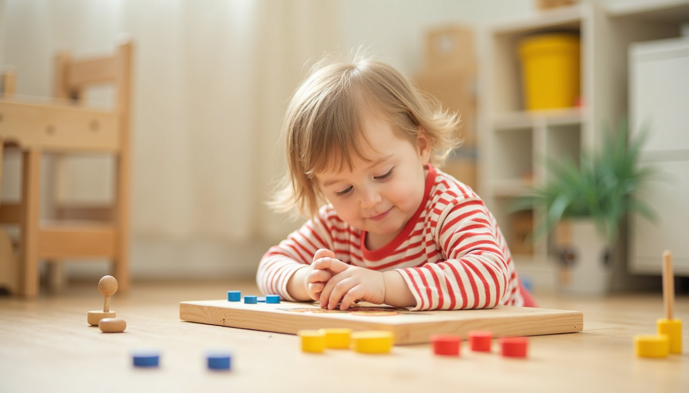 Copii fericiți explorând materiale didactice într-o grădiniță Montessori.